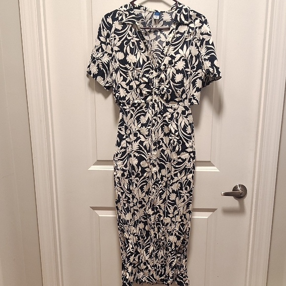 Old Navy Waist-Defined Midi Shirt Dress Navy Blue White Floral L - Picture 4 of 10
